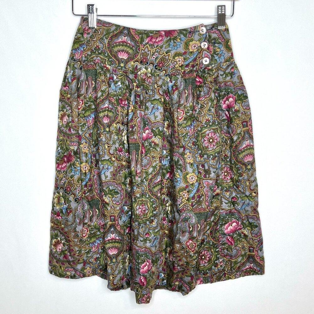Vintage Dark Floral Pleated Skirt w/ Button Closure XS